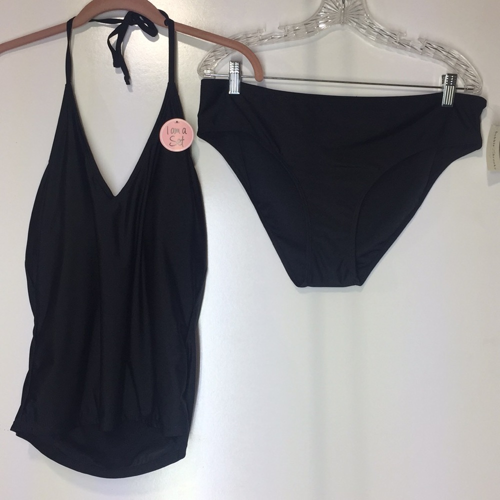 NWT Solid Black Vneck Tie Tankini Swimsuit Set